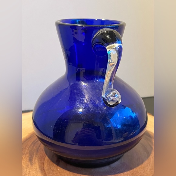 Vintage Handmade in Poland Vase by Wanda Imported. Covalt Blue, Clear Handles - Picture 3 of 8